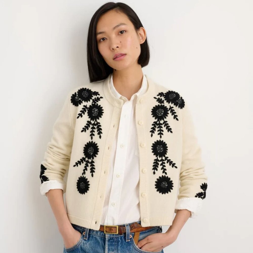 Alex Mill - Becca Embroidered Cardigan in Wool - Ivory, XS - NWT